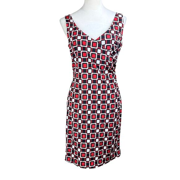 Ling Shan Li Vintage Red White Black Geometric Print Silk Blend Sheath Dress - Picture 1 of 11
